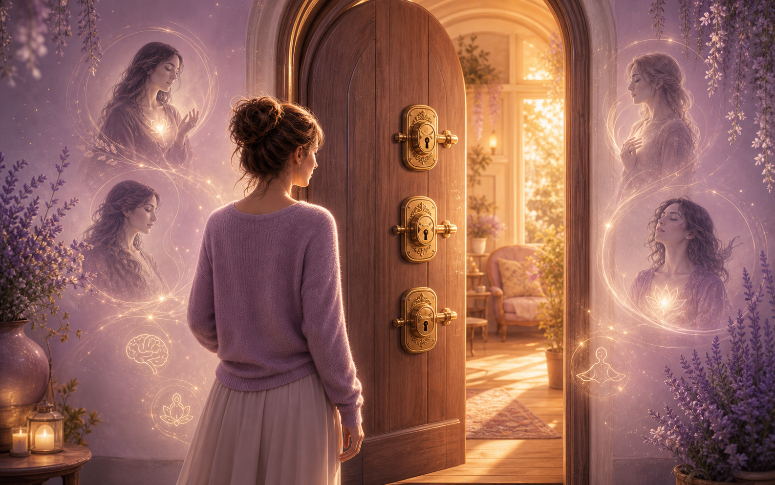 A woman approaching a wooden door with three locks