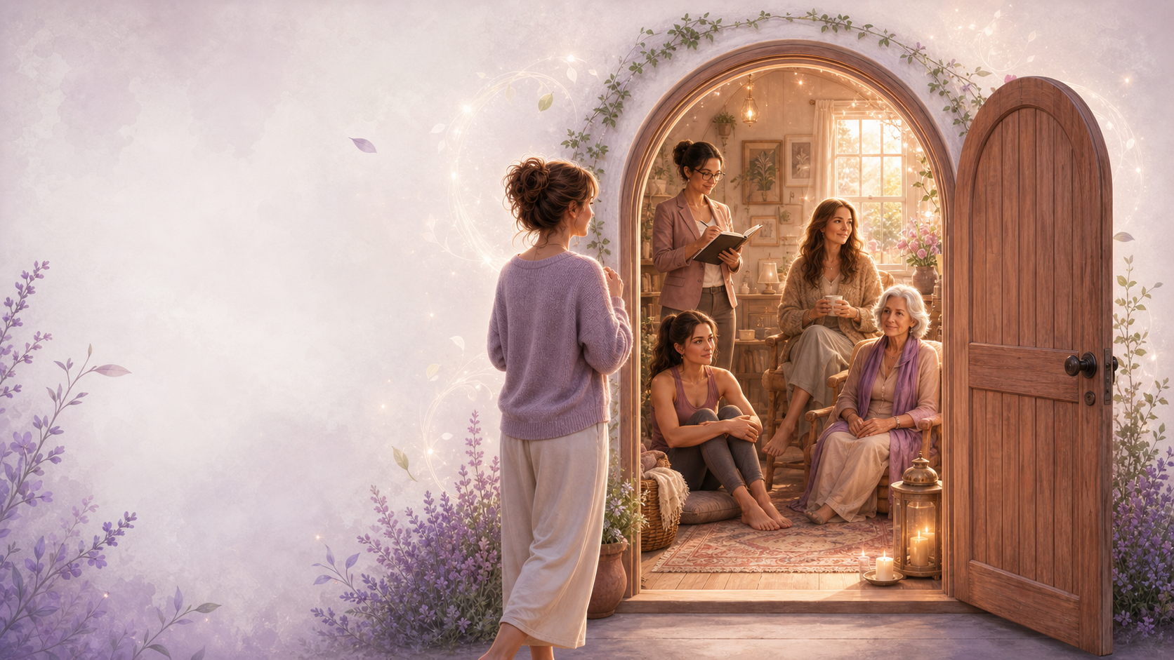 Cindy standing at the doorway to the four women within